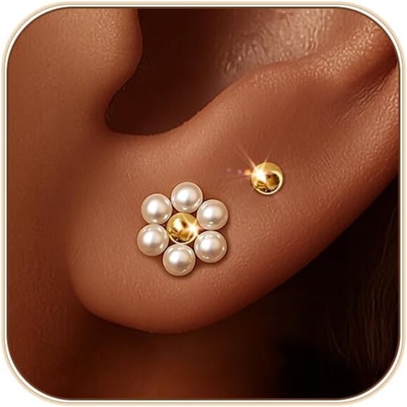 Women's Pearl Earrings 14k Gold Plated Daisy Flower Stud Earring Trendy Jewelry - Picture 1 of 7